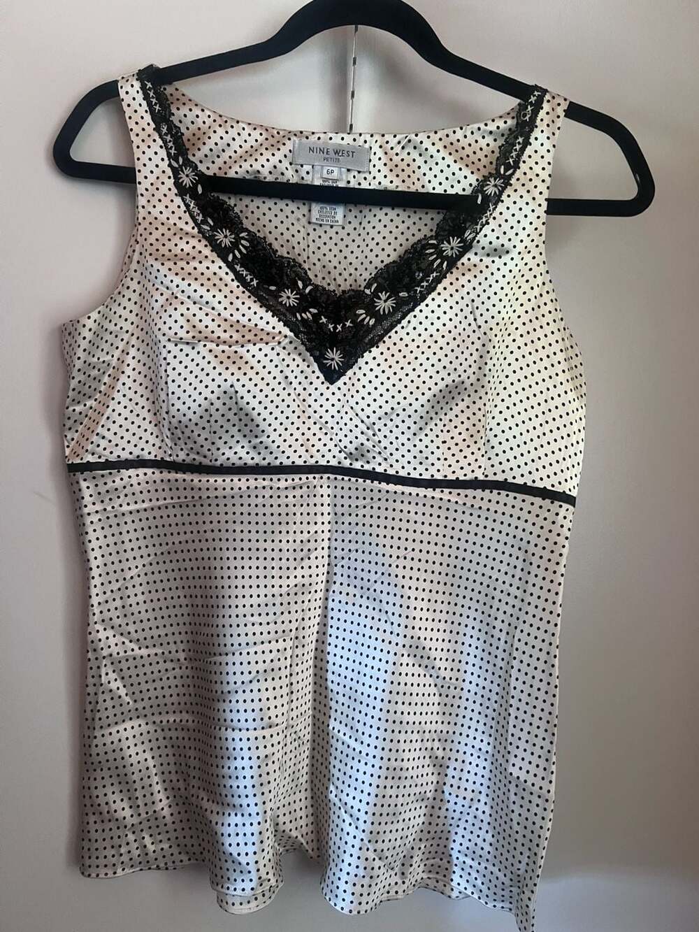 Nine West Black / Gold Polka Dot Fit & Flare Sleeveless top Size 6P 100% silk